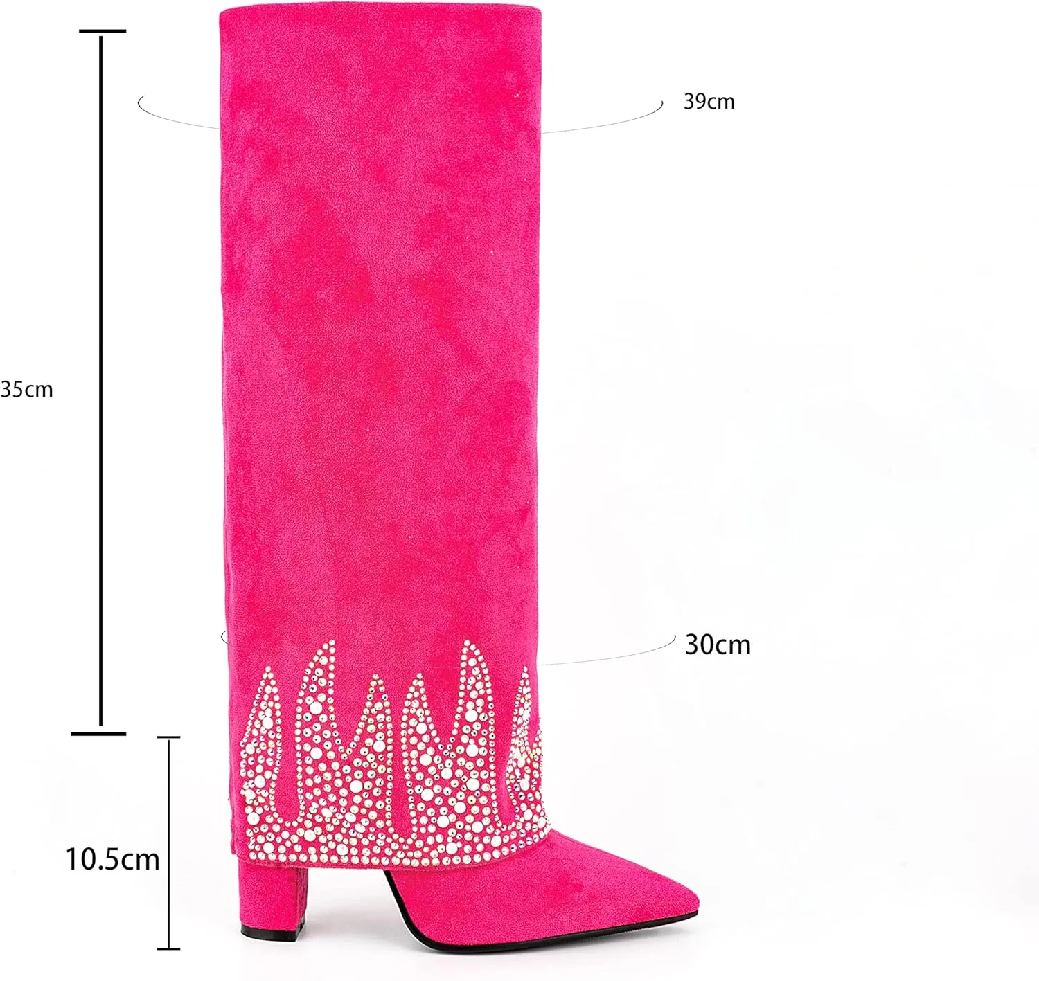 Women Fancy Vegan Suede Fold Rhinestone Block High Heel Pointed Toe Boots with Delicate Crystals and Beads