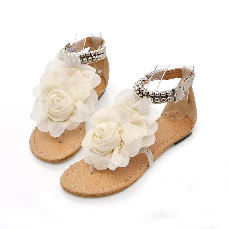 Women flower rhinestone ankle strap slip on flat sandals