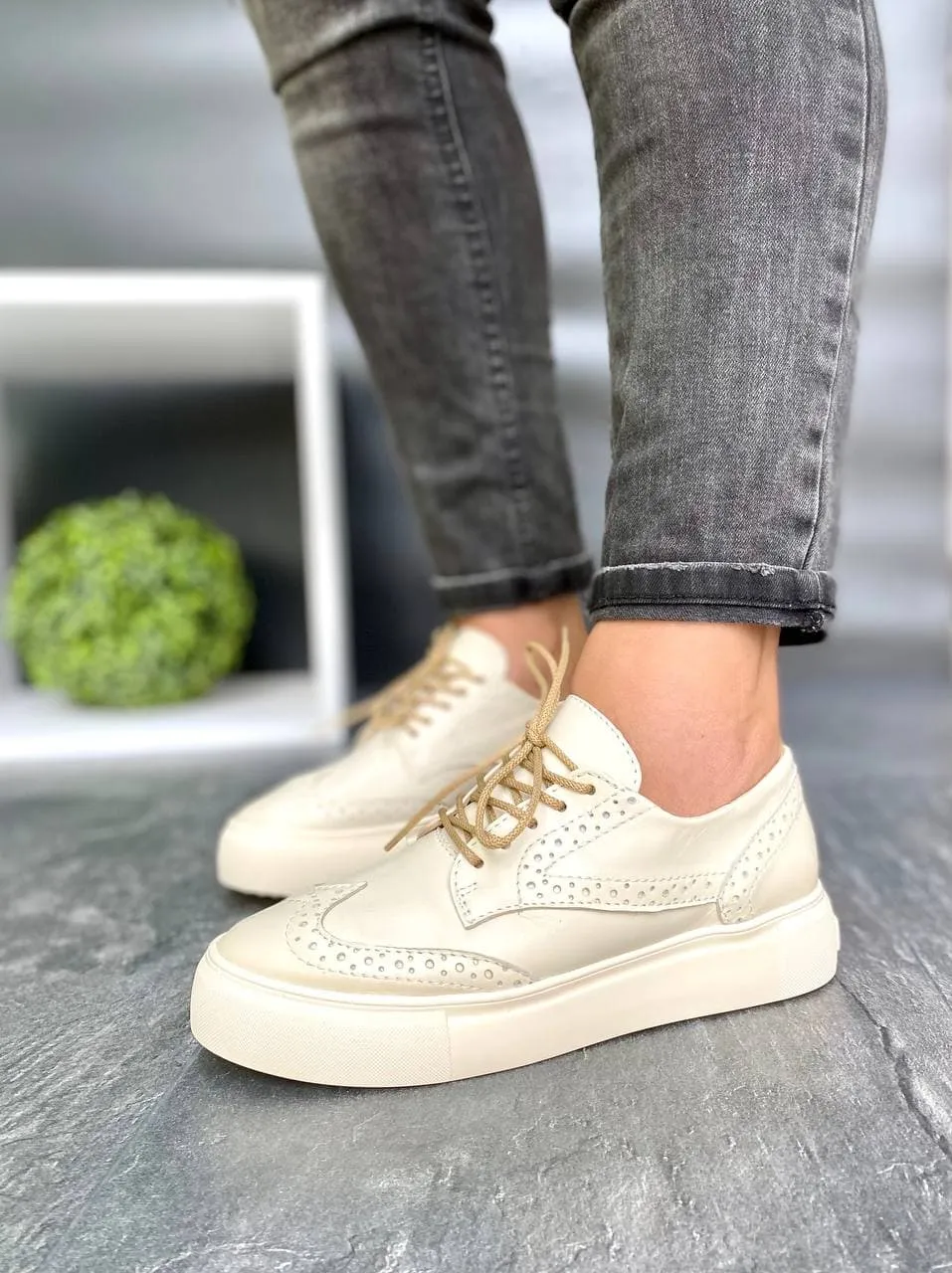 Women Leather Loafers Oxford Ivory