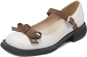 Women Mary Jane Flats Bow Kawaii Costume Shoes Round Toe Pumps Low Heel School Dress Shoes for Girls Bowknot Flats