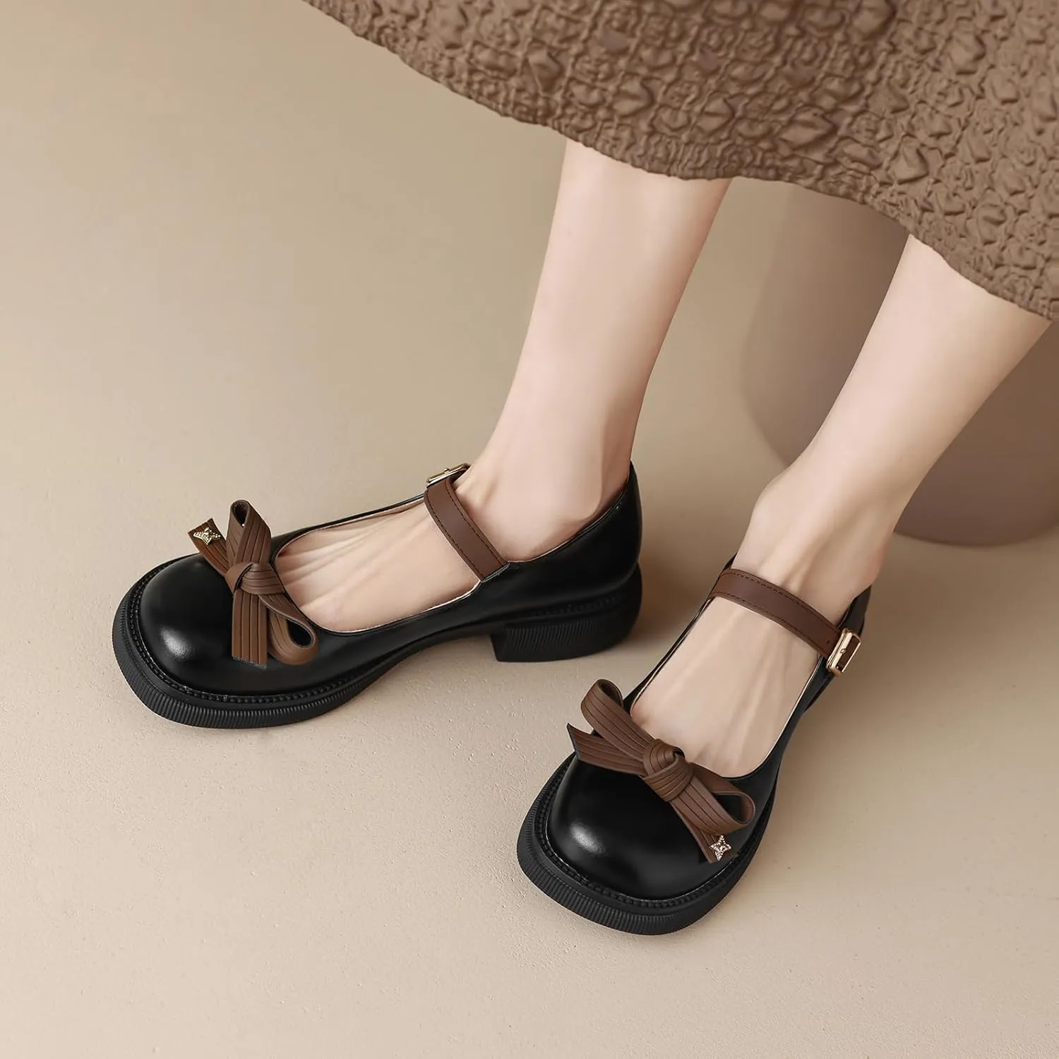 Women Mary Jane Flats Bow Kawaii Costume Shoes Round Toe Pumps Low Heel School Dress Shoes for Girls Bowknot Flats