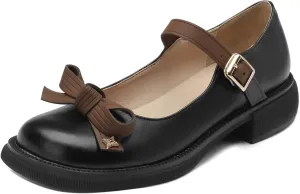 Women Mary Jane Flats Bow Kawaii Costume Shoes Round Toe Pumps Low Heel School Dress Shoes for Girls Bowknot Flats