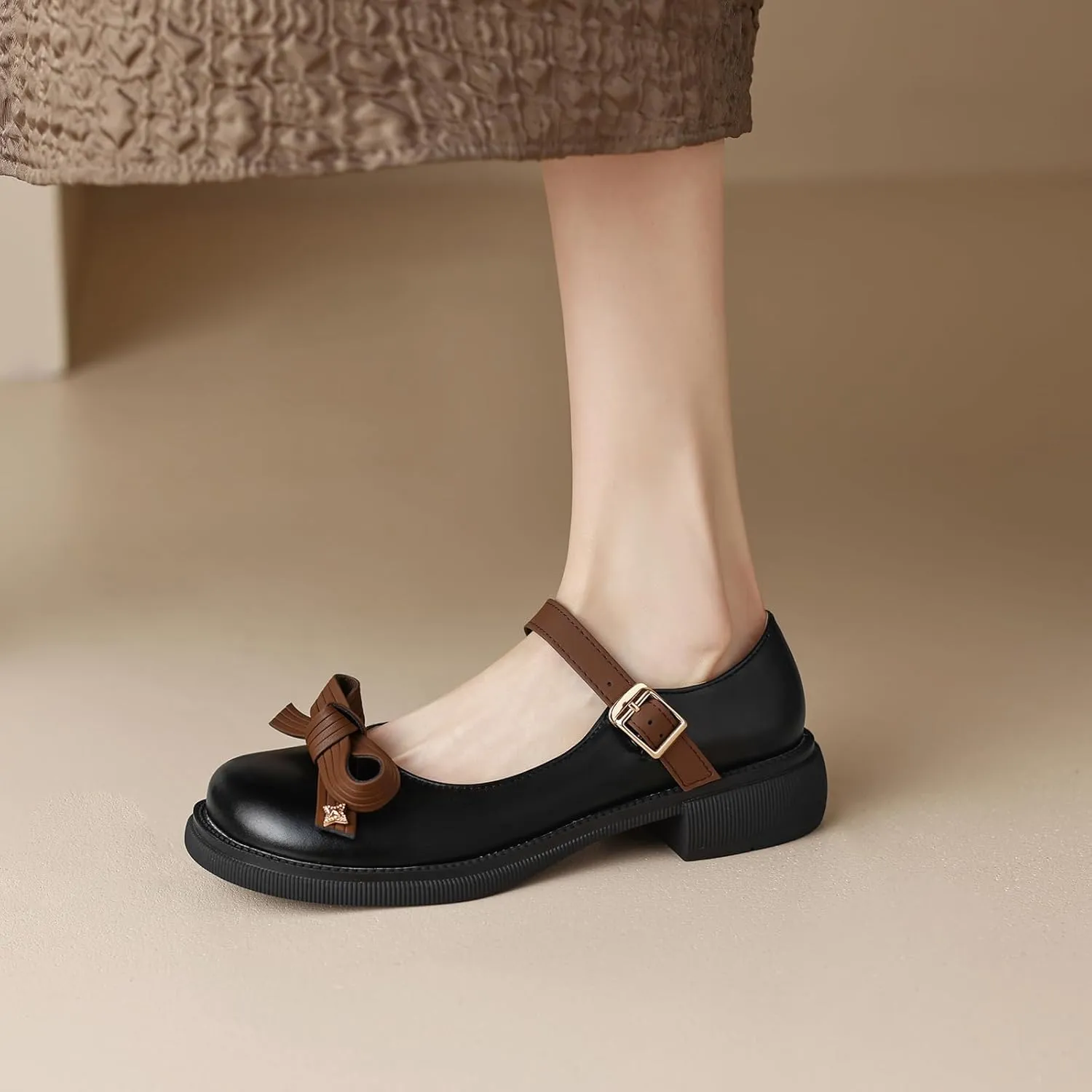 Women Mary Jane Flats Bow Kawaii Costume Shoes Round Toe Pumps Low Heel School Dress Shoes for Girls Bowknot Flats