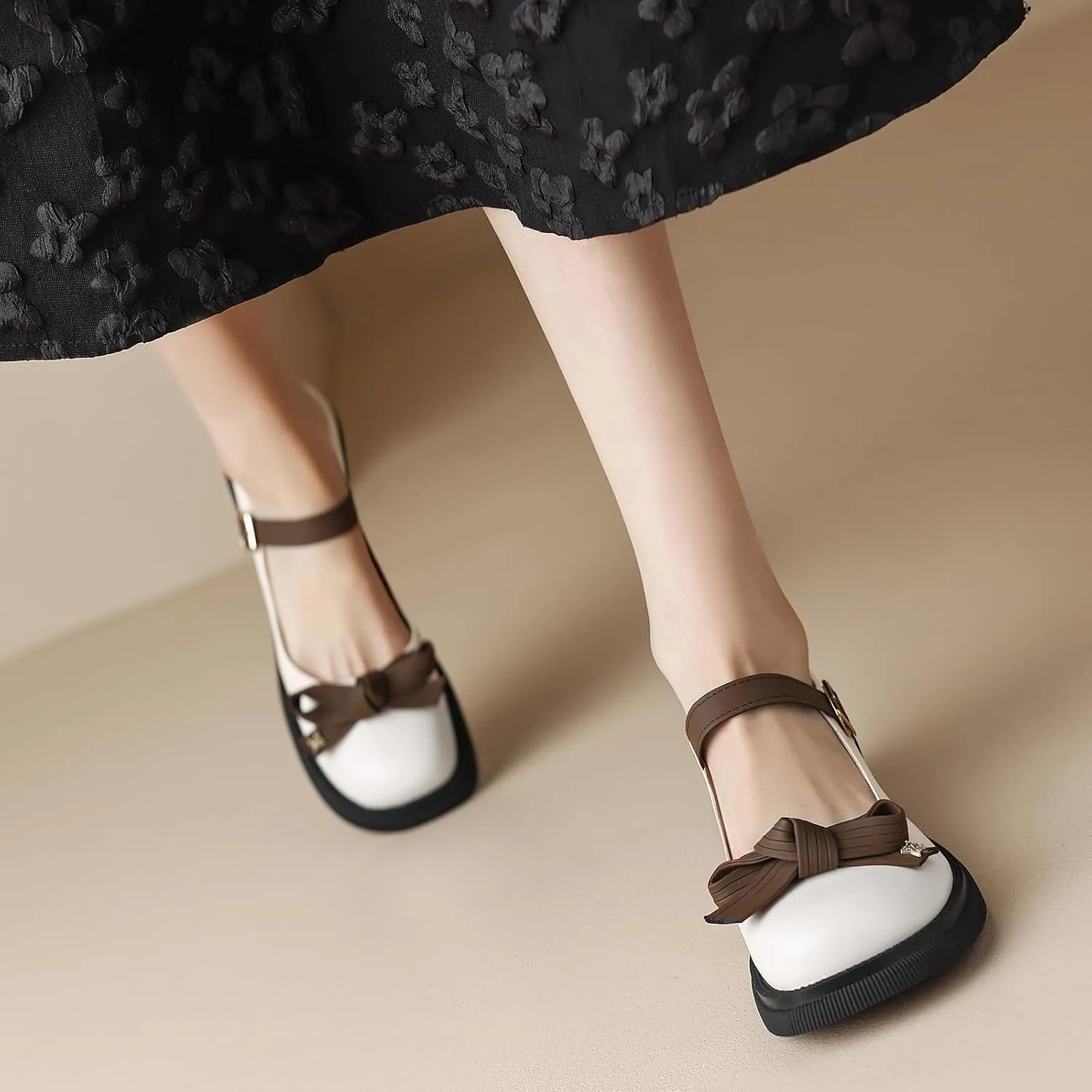 Women Mary Jane Flats Bow Kawaii Costume Shoes Round Toe Pumps Low Heel School Dress Shoes for Girls Bowknot Flats