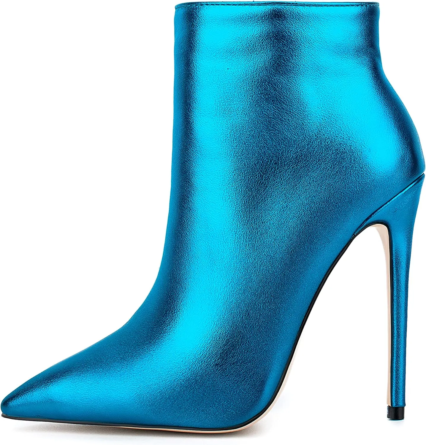 Women Metal Style Vegan Patent Leather Pointed Toe Ankle Booties High Heel Stiletto Boots with Zip