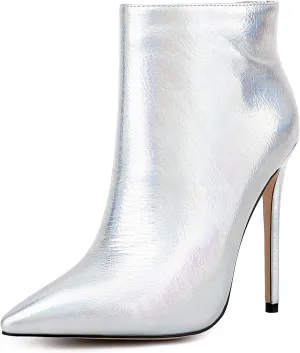 Women Metal Style Vegan Patent Leather Pointed Toe Ankle Booties High Heel Stiletto Boots with Zip