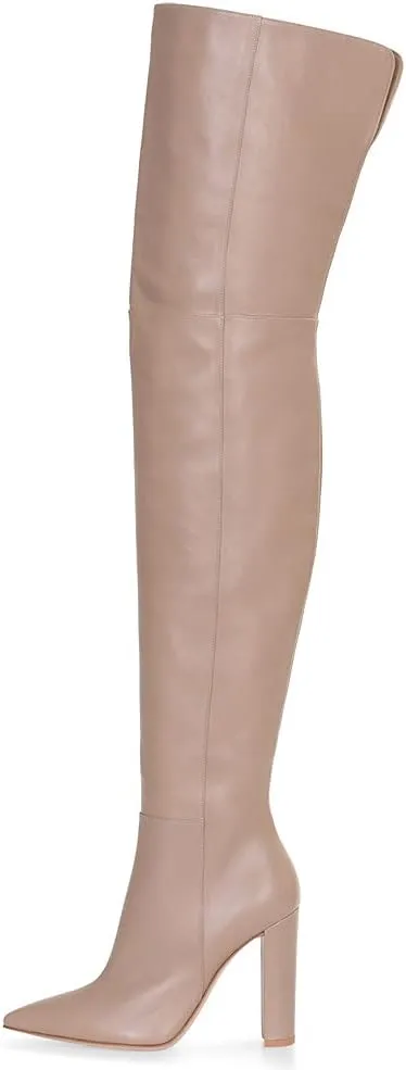 Women Pointed Toe Block Heel over the Knee Boot Leather Chunky Thigh High Shoe