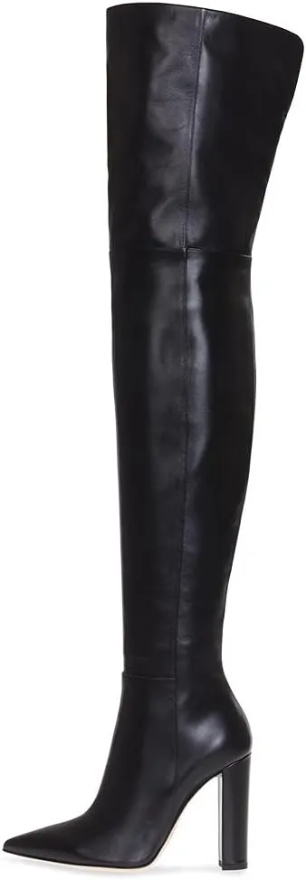 Women Pointed Toe Block Heel over the Knee Boot Leather Chunky Thigh High Shoe