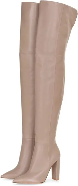 Women Pointed Toe Block Heel over the Knee Boot Leather Chunky Thigh High Shoe