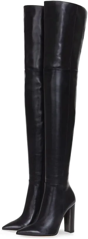 Women Pointed Toe Block Heel over the Knee Boot Leather Chunky Thigh High Shoe