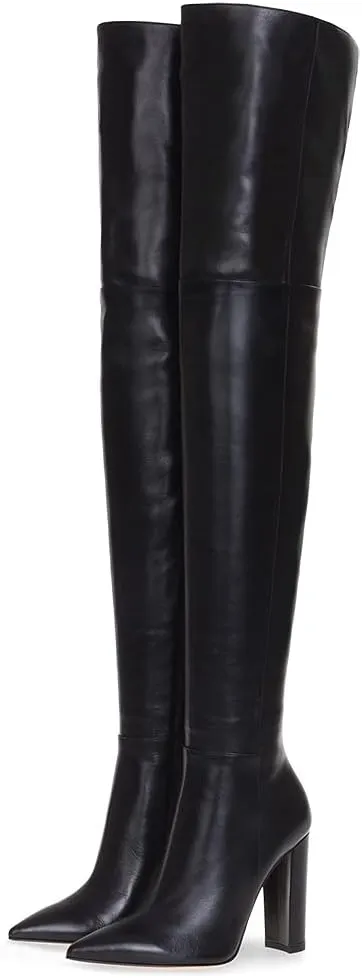 Women Pointed Toe Block Heel over the Knee Boot Leather Chunky Thigh High Shoe