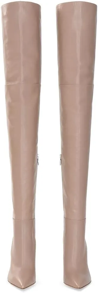 Women Pointed Toe Block Heel over the Knee Boot Leather Chunky Thigh High Shoe