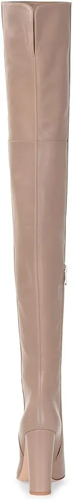 Women Pointed Toe Block Heel over the Knee Boot Leather Chunky Thigh High Shoe