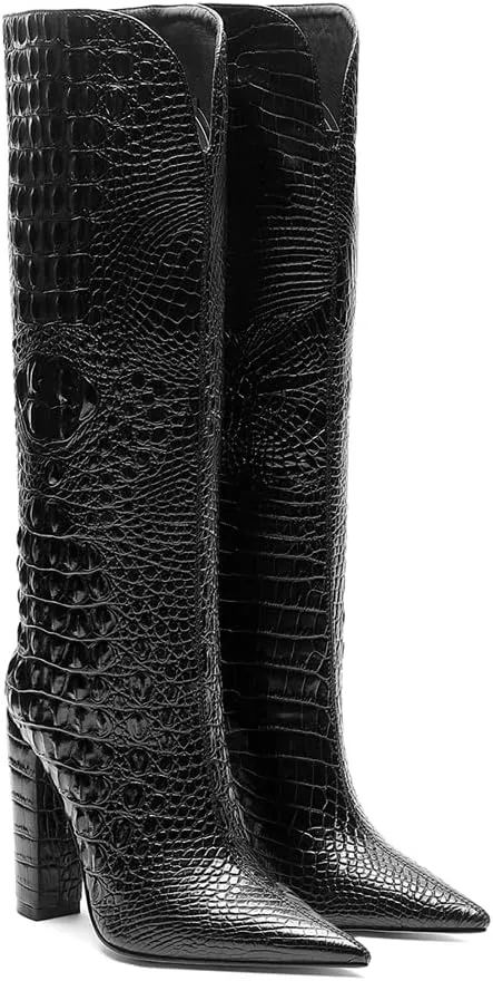 Women Pointed Toe Embossed Knee High Boots Block Heel Western Boot Thigh High Chunky Heel Shoes