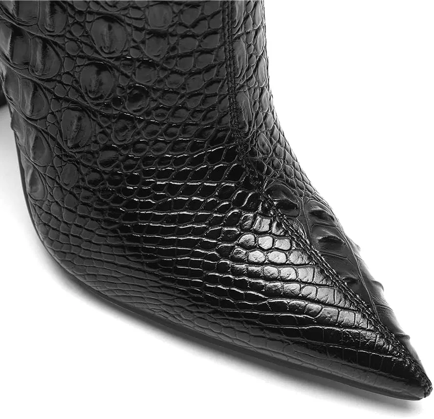 Women Pointed Toe Embossed Knee High Boots Block Heel Western Boot Thigh High Chunky Heel Shoes