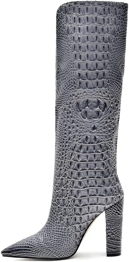 Women Pointed Toe Embossed Knee High Boots Block Heel Western Boot Thigh High Chunky Heel Shoes
