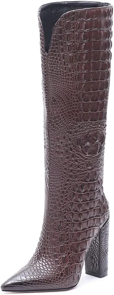 Women Pointed Toe Embossed Knee High Boots Block Heel Western Boot Thigh High Chunky Heel Shoes