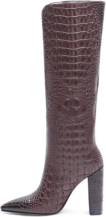 Women Pointed Toe Embossed Knee High Boots Block Heel Western Boot Thigh High Chunky Heel Shoes