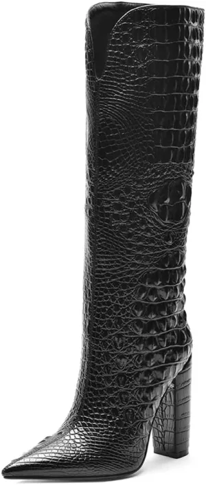 Women Pointed Toe Embossed Knee High Boots Block Heel Western Boot Thigh High Chunky Heel Shoes