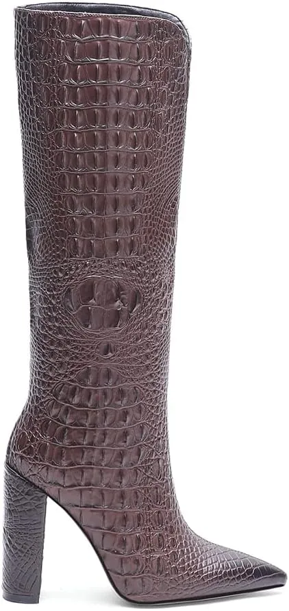 Women Pointed Toe Embossed Knee High Boots Block Heel Western Boot Thigh High Chunky Heel Shoes