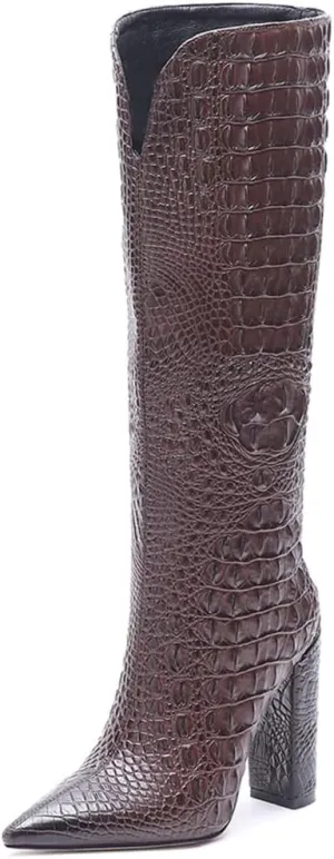 Women Pointed Toe Embossed Knee High Boots Block Heel Western Boot Thigh High Chunky Heel Shoes