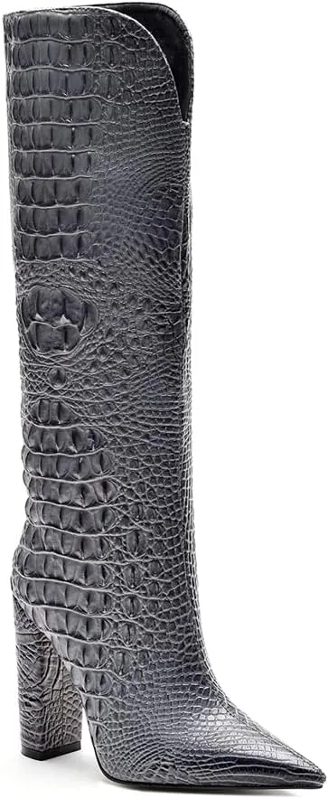 Women Pointed Toe Embossed Knee High Boots Block Heel Western Boot Thigh High Chunky Heel Shoes