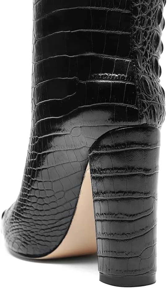 Women Pointed Toe Embossed Knee High Boots Block Heel Western Boot Thigh High Chunky Heel Shoes