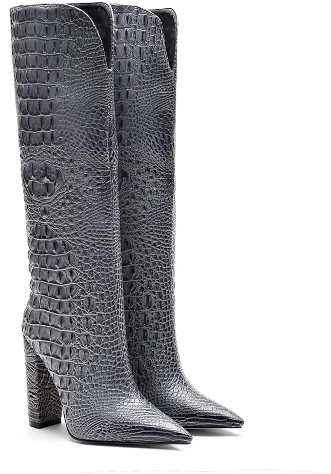 Women Pointed Toe Embossed Knee High Boots Block Heel Western Boot Thigh High Chunky Heel Shoes