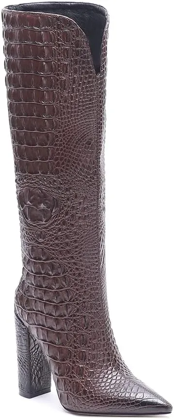 Women Pointed Toe Embossed Knee High Boots Block Heel Western Boot Thigh High Chunky Heel Shoes