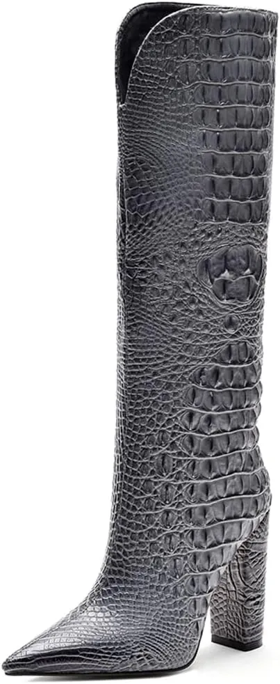 Women Pointed Toe Embossed Knee High Boots Block Heel Western Boot Thigh High Chunky Heel Shoes