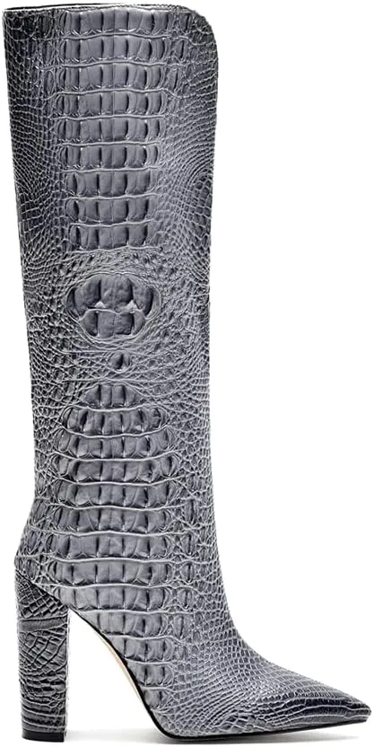 Women Pointed Toe Embossed Knee High Boots Block Heel Western Boot Thigh High Chunky Heel Shoes