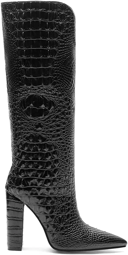 Women Pointed Toe Embossed Knee High Boots Block Heel Western Boot Thigh High Chunky Heel Shoes