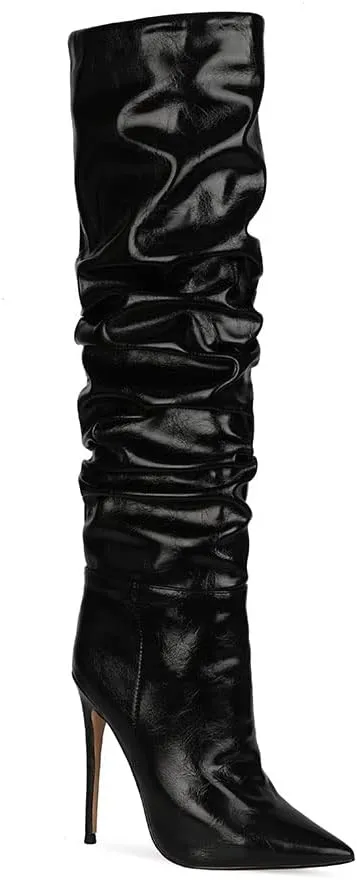 Women Slouchy High Heel Boots Patent Leather Stiletto Heel Knee High Boot Pointed Toe Thigh High Shoes