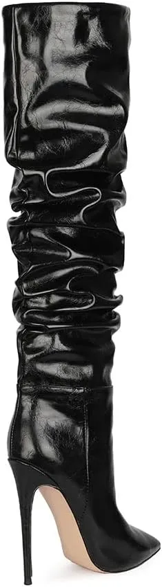 Women Slouchy High Heel Boots Patent Leather Stiletto Heel Knee High Boot Pointed Toe Thigh High Shoes