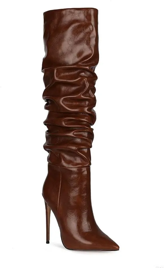 Women Slouchy High Heel Boots Patent Leather Stiletto Heel Knee High Boot Pointed Toe Thigh High Shoes