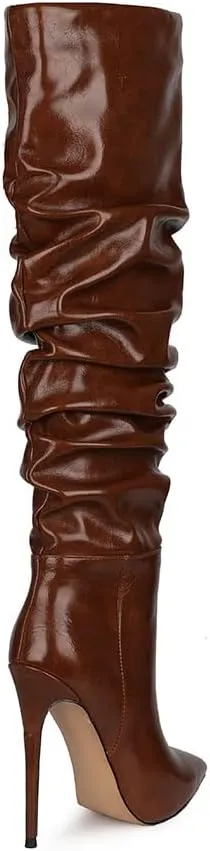 Women Slouchy High Heel Boots Patent Leather Stiletto Heel Knee High Boot Pointed Toe Thigh High Shoes