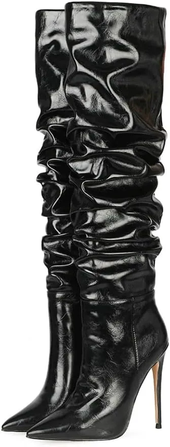 Women Slouchy High Heel Boots Patent Leather Stiletto Heel Knee High Boot Pointed Toe Thigh High Shoes