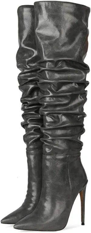 Women Slouchy High Heel Boots Patent Leather Stiletto Heel Knee High Boot Pointed Toe Thigh High Shoes