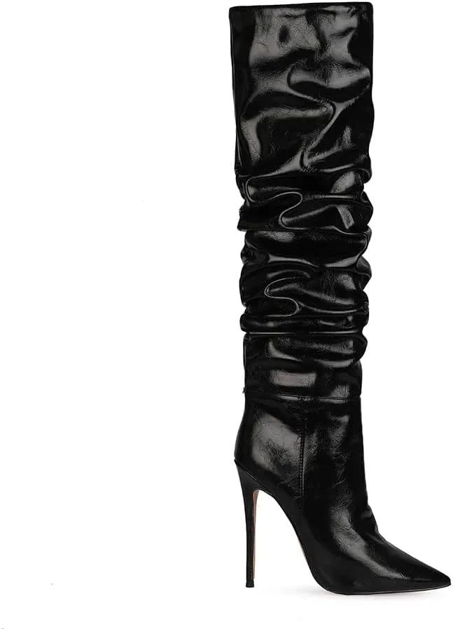 Women Slouchy High Heel Boots Patent Leather Stiletto Heel Knee High Boot Pointed Toe Thigh High Shoes