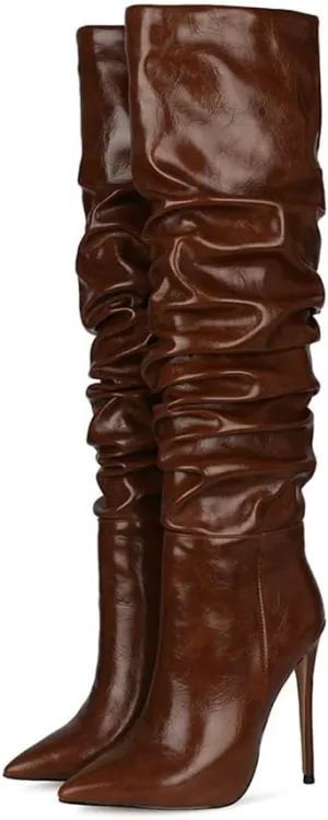 Women Slouchy High Heel Boots Patent Leather Stiletto Heel Knee High Boot Pointed Toe Thigh High Shoes