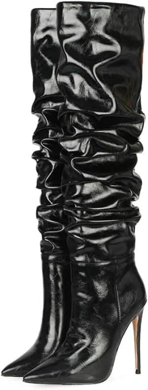 Women Slouchy High Heel Boots Patent Leather Stiletto Heel Knee High Boot Pointed Toe Thigh High Shoes