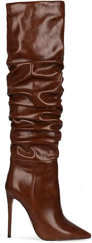 Women Slouchy High Heel Boots Patent Leather Stiletto Heel Knee High Boot Pointed Toe Thigh High Shoes