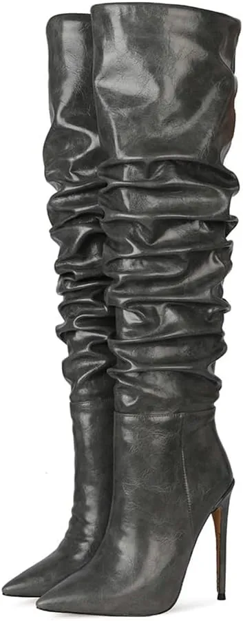 Women Slouchy High Heel Boots Patent Leather Stiletto Heel Knee High Boot Pointed Toe Thigh High Shoes