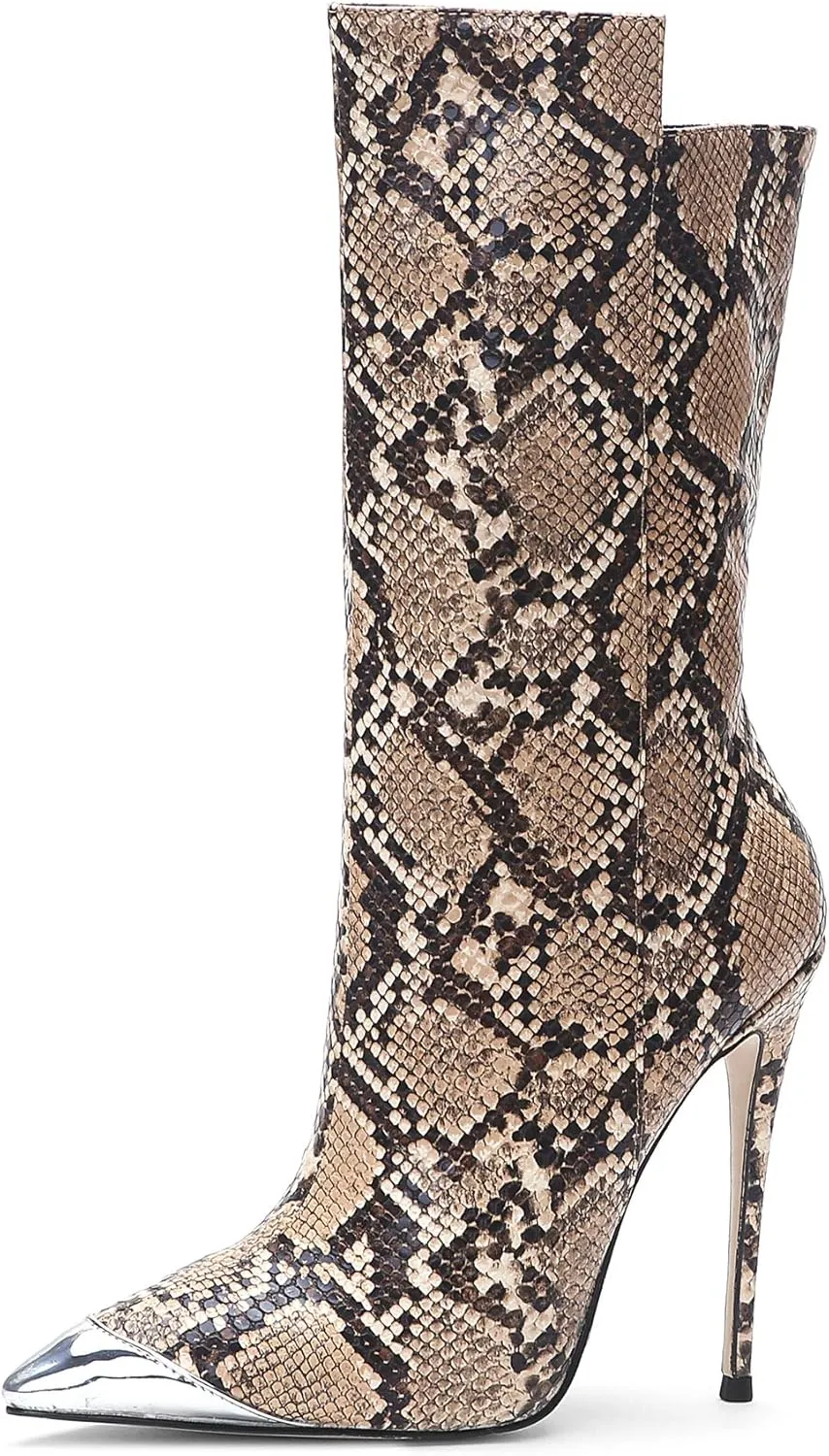 Women Vintage Snake Skin Printed Vegan Leather Boots Metal Pointed Toe Stiletto High Heel Mid Calf Ankle Booties