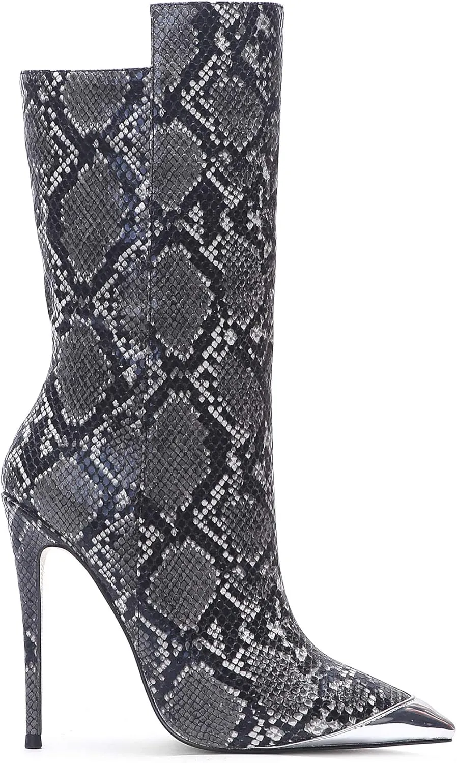 Women Vintage Snake Skin Printed Vegan Leather Boots Metal Pointed Toe Stiletto High Heel Mid Calf Ankle Booties