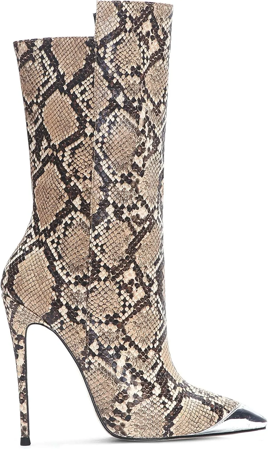 Women Vintage Snake Skin Printed Vegan Leather Boots Metal Pointed Toe Stiletto High Heel Mid Calf Ankle Booties