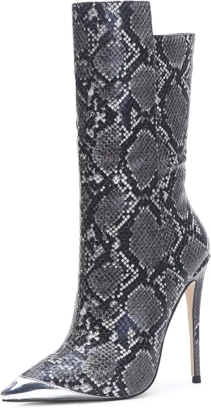 Women Vintage Snake Skin Printed Vegan Leather Boots Metal Pointed Toe Stiletto High Heel Mid Calf Ankle Booties