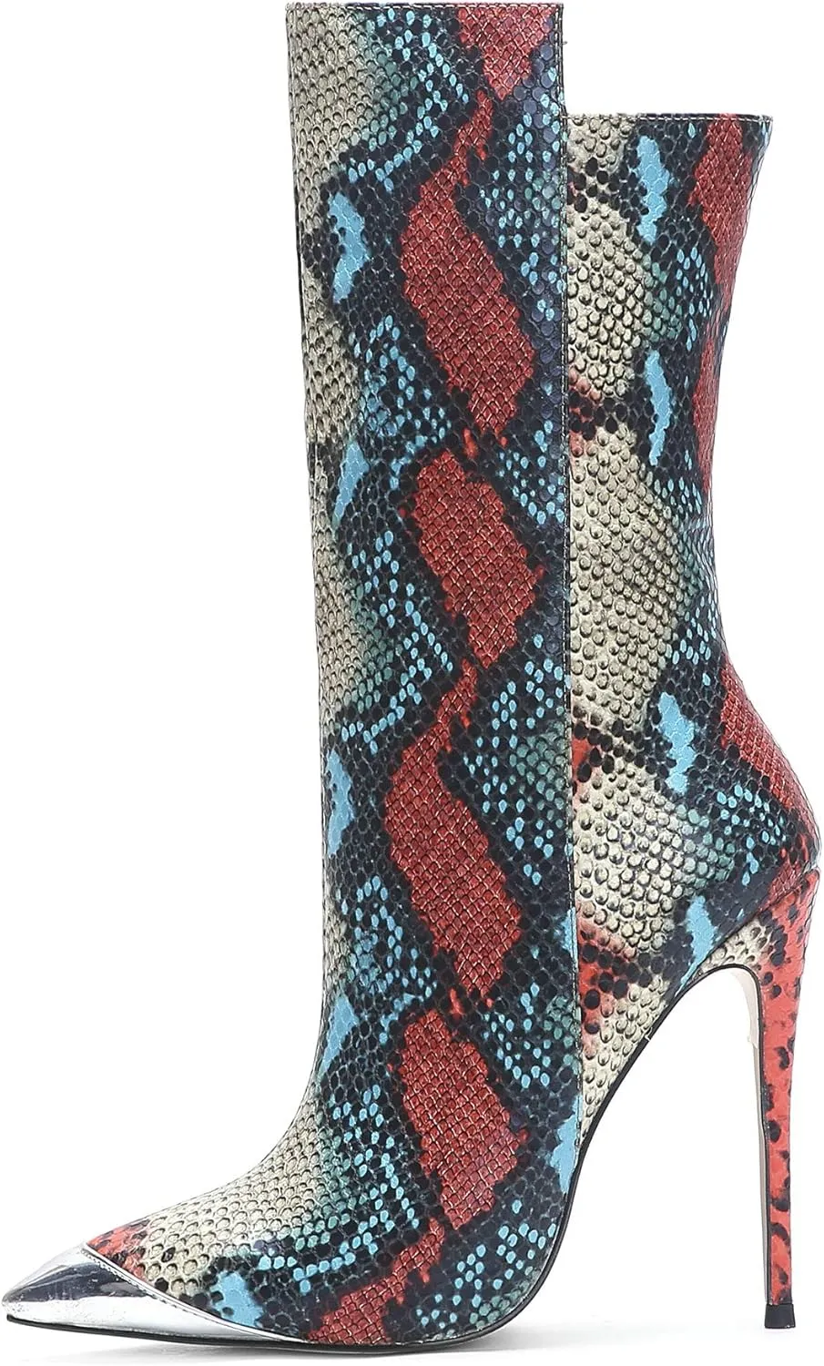 Women Vintage Snake Skin Printed Vegan Leather Boots Metal Pointed Toe Stiletto High Heel Mid Calf Ankle Booties