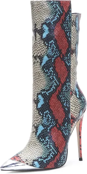 Women Vintage Snake Skin Printed Vegan Leather Boots Metal Pointed Toe Stiletto High Heel Mid Calf Ankle Booties