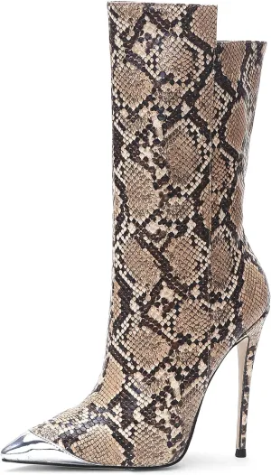 Women Vintage Snake Skin Printed Vegan Leather Boots Metal Pointed Toe Stiletto High Heel Mid Calf Ankle Booties